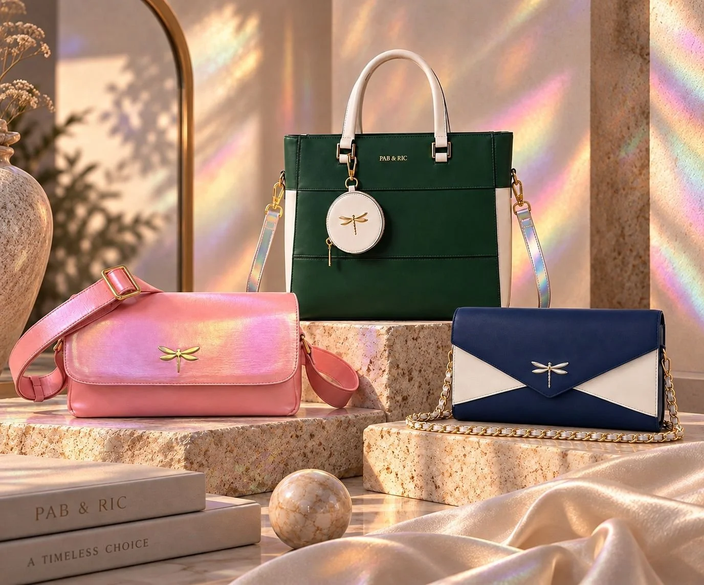 Tres bolsos de diferentes colores y tamaños en una exhibición elegante, decorada con elementos de lujo y luz iridiscente.