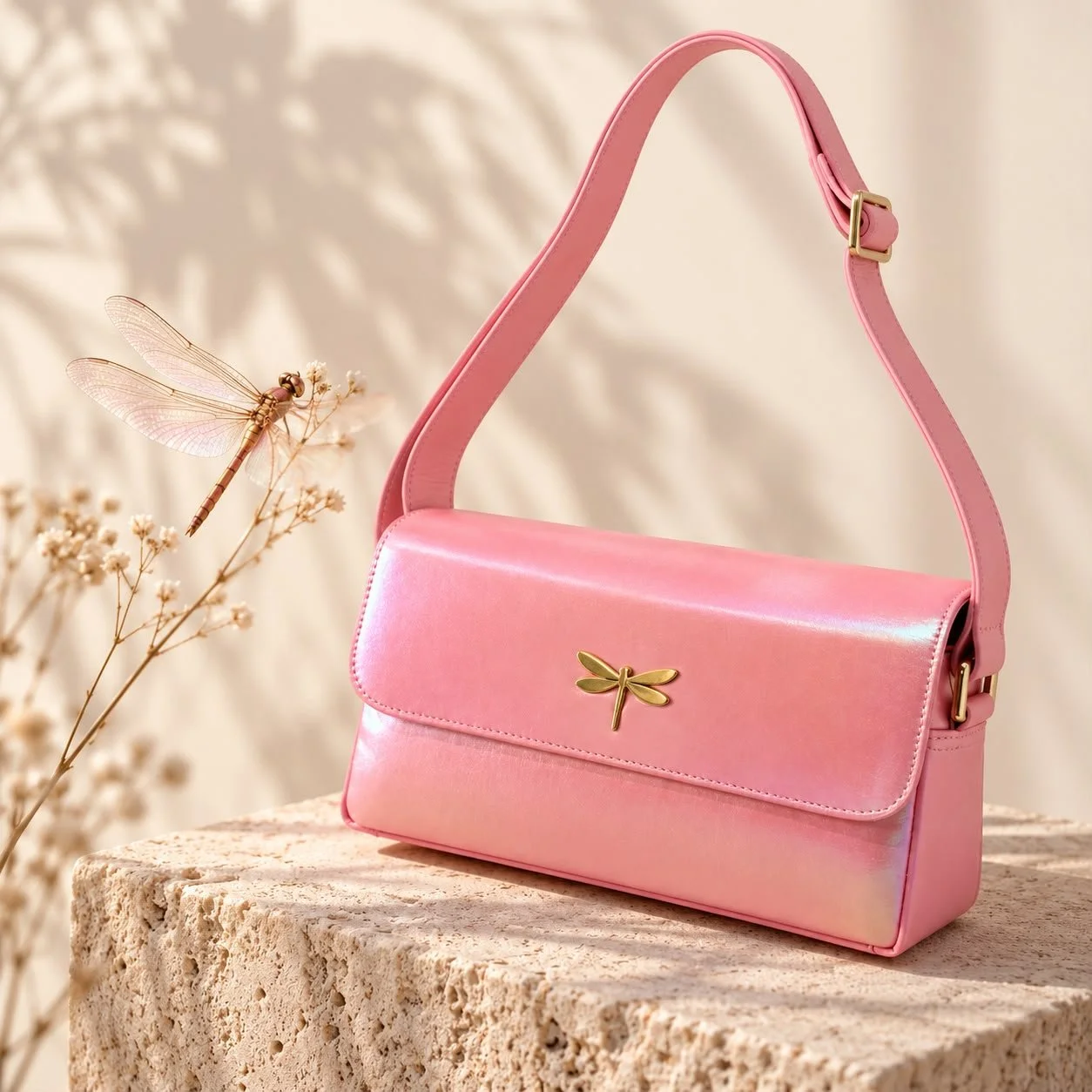 Bolso rosa con broche de libélula dorada sobre superficie de piedra, con mariposa en ramo de flores secas y sombra en fondo claro.