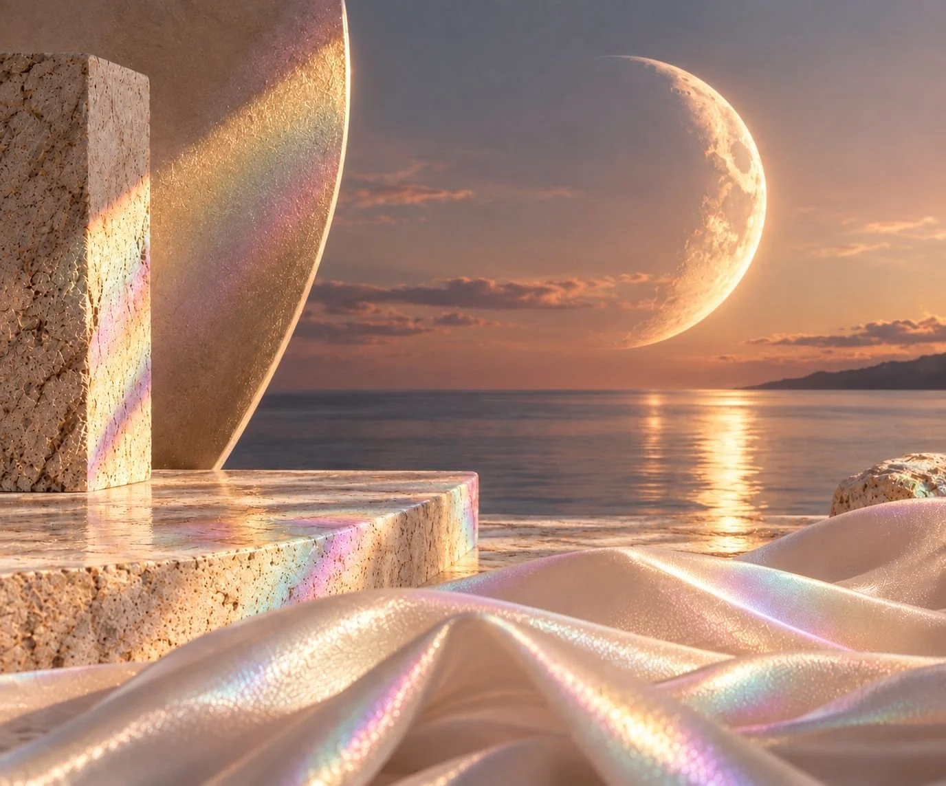 Escenario surrealista con mesa de piedra iridiscente frente al mar, cielo con luna grande en atardecer