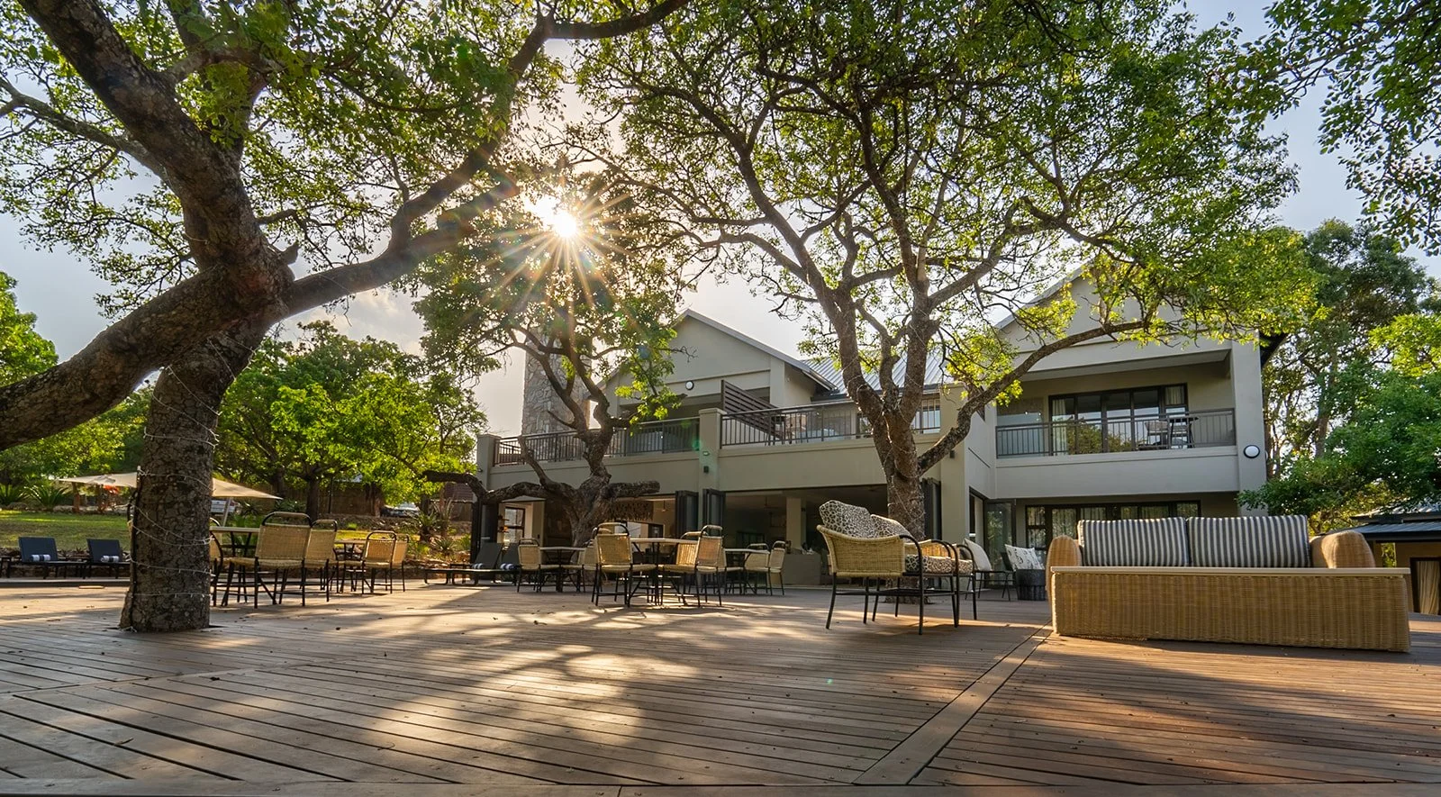 An outdoor patio area with trees, outdoor furniture, and a modern two-story house in the background. Sunlight filters through the branches, casting shadows on the wooden deck.