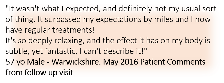 A screenshot of a patient's comment about their experience with a treatment, mentioning relaxation and positive effects, from Warwickshire in May 2016.