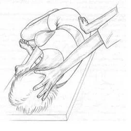 Drawing of a side lying person on a couch, receiving a double hold supporting a treatment integration. Craniosacral therapy.