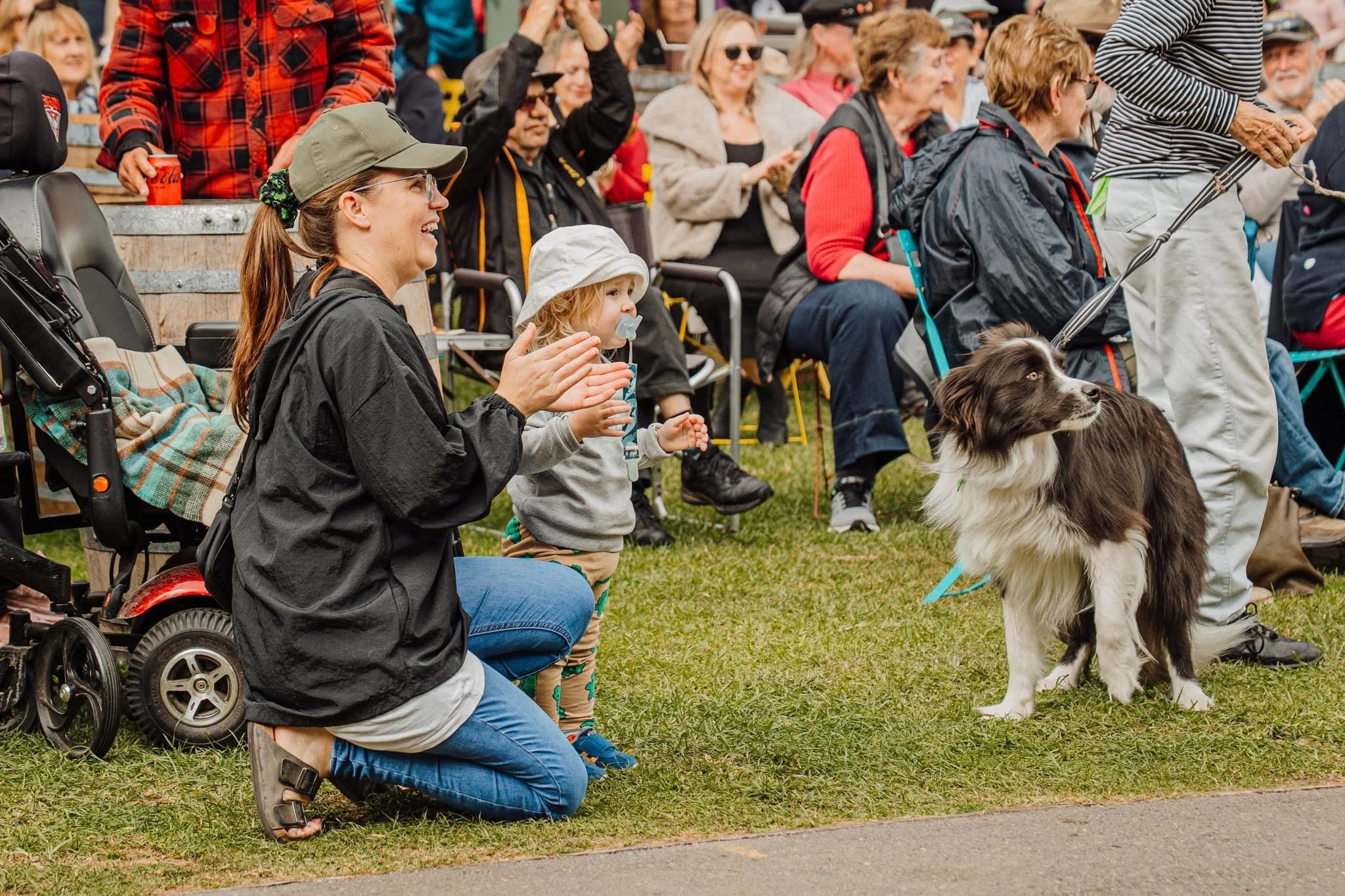 People sitting and standing outdoors in a stadium or park, watching an event. A woman kneeling beside a child with a pacifier, both clapping. A dog with a brown and white coat on a leash. Many other spectators, including an elderly woman with sunglas