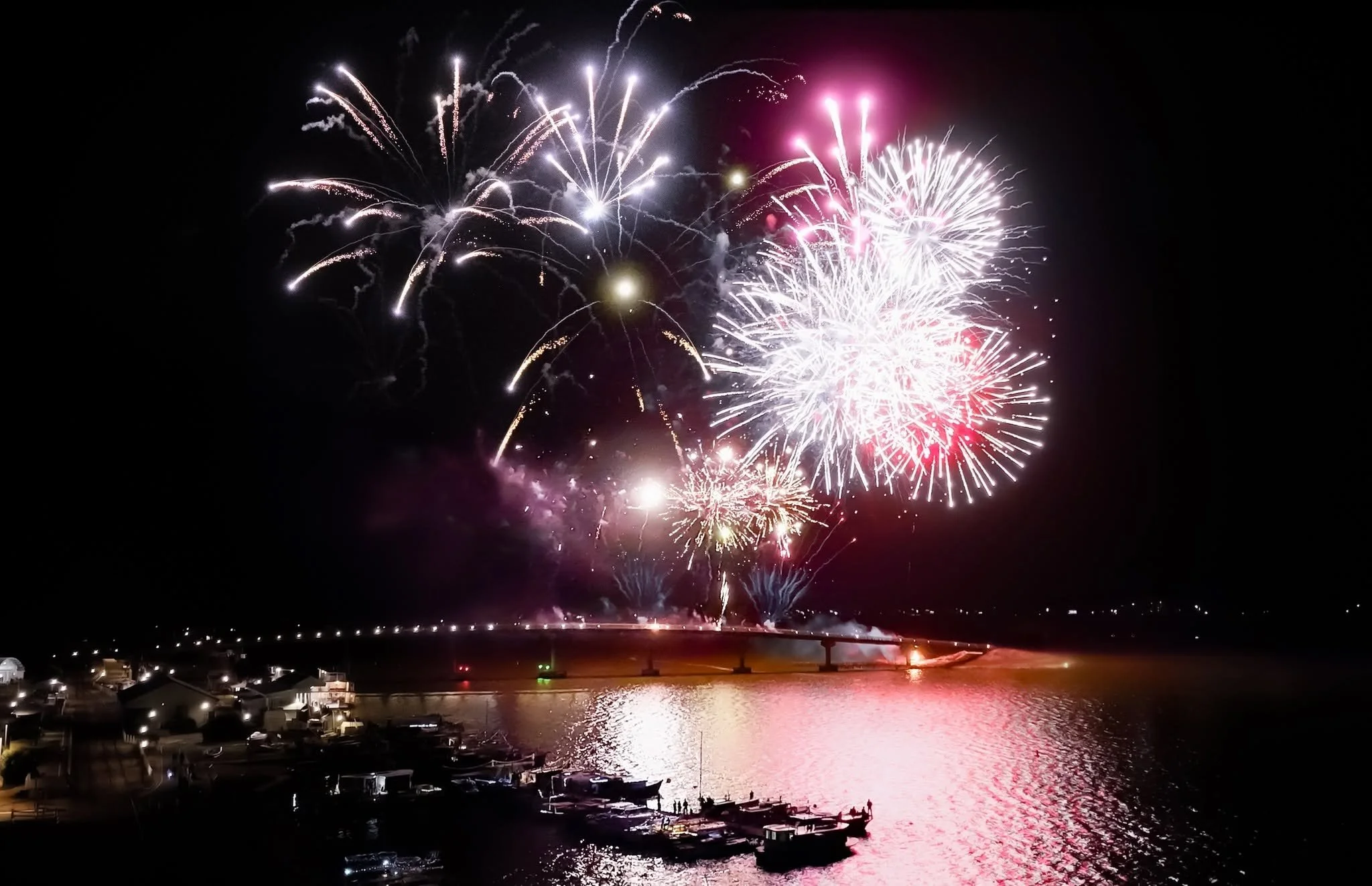 Fireworks display over the River Murray at night with boats and houses along the shoreline.
