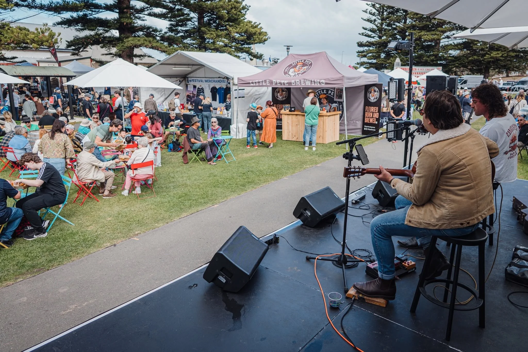 A musical performance at the Festival with a singer playing guitar and a microphone, and a crowd of people sitting and standing among tents and booths selling merchandise and food, with trees and cloudy sky in the background.