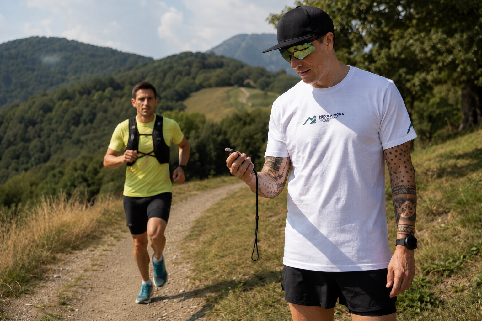 Due uomini che corrono su un sentiero di montagna, uno guarda il telefono e l'altro corre dietro, con paesaggi montani e vegetazione verde sullo sfondo.