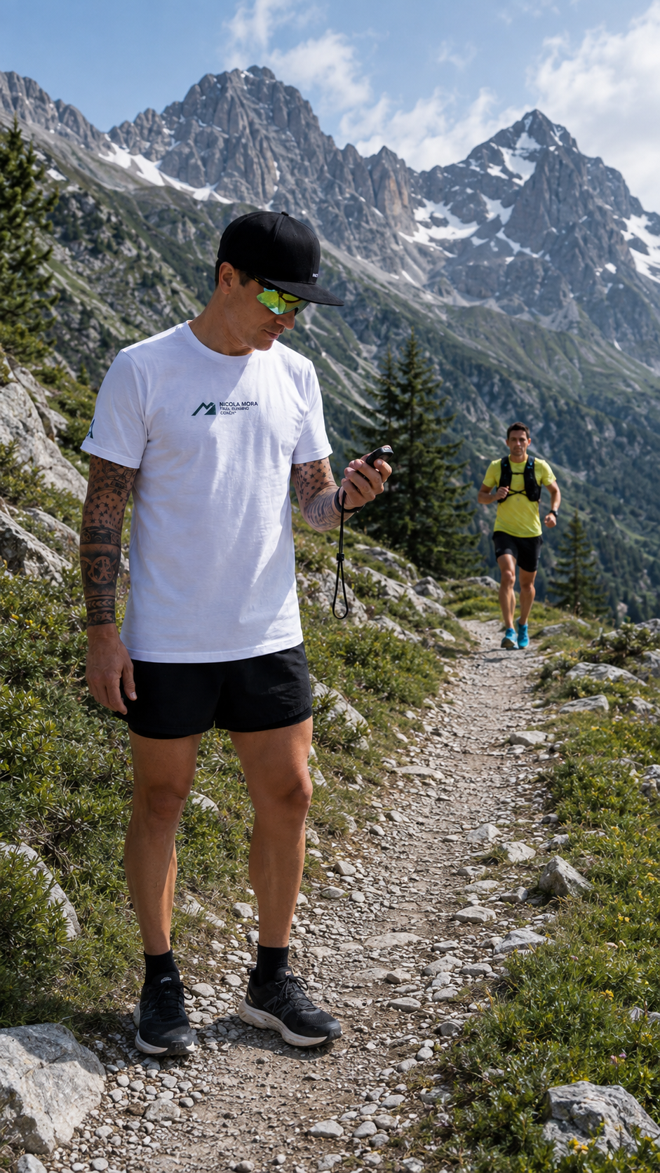 Due uomini fanno un'escursione in montagna, uno dei quali controlla il telefono mentre l'altro corre lungo il sentiero.