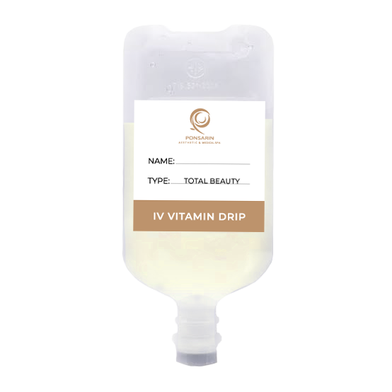 IV drip bag labeled Ponsarin Clinic, type 'Total Beauty,' used for IV vitamin drip therapy.