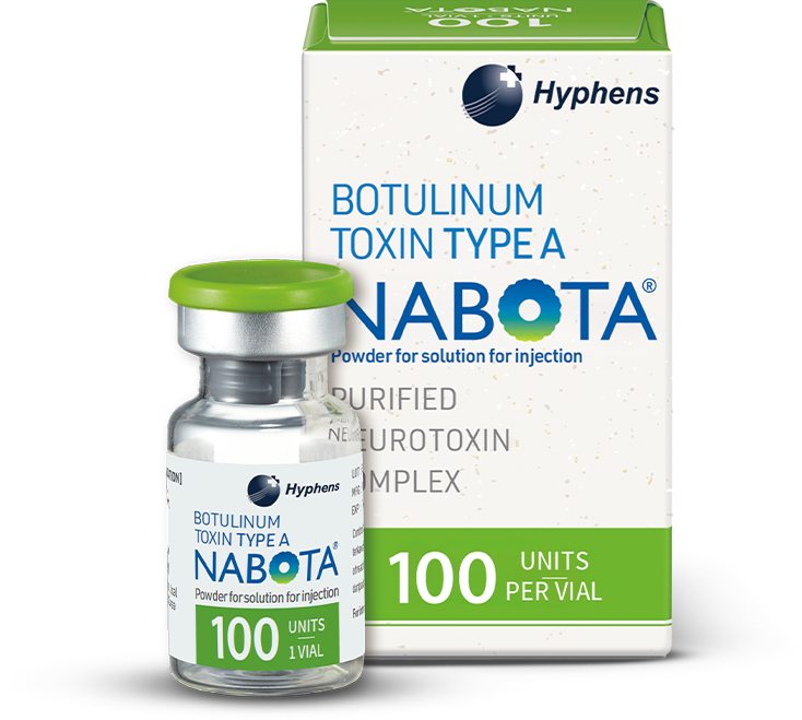 "Box and vial of Nabota purified botulinum toxin type A by Hyphens, 100 units per vial, used for botox injections at Ponsarin Clinic."