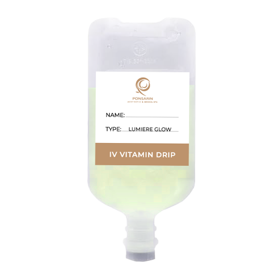 Ponsarin Clinic 的 The Lumière Glow IV 靜脈療程輸液袋，展示專屬煥亮美肌點滴的產品標籤。