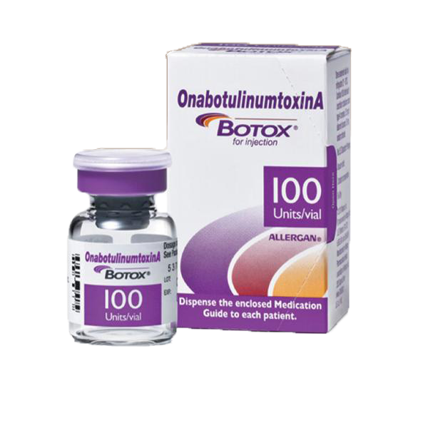 A vial and box of Botox with purple and white packaging, indicating 100 units per vial.