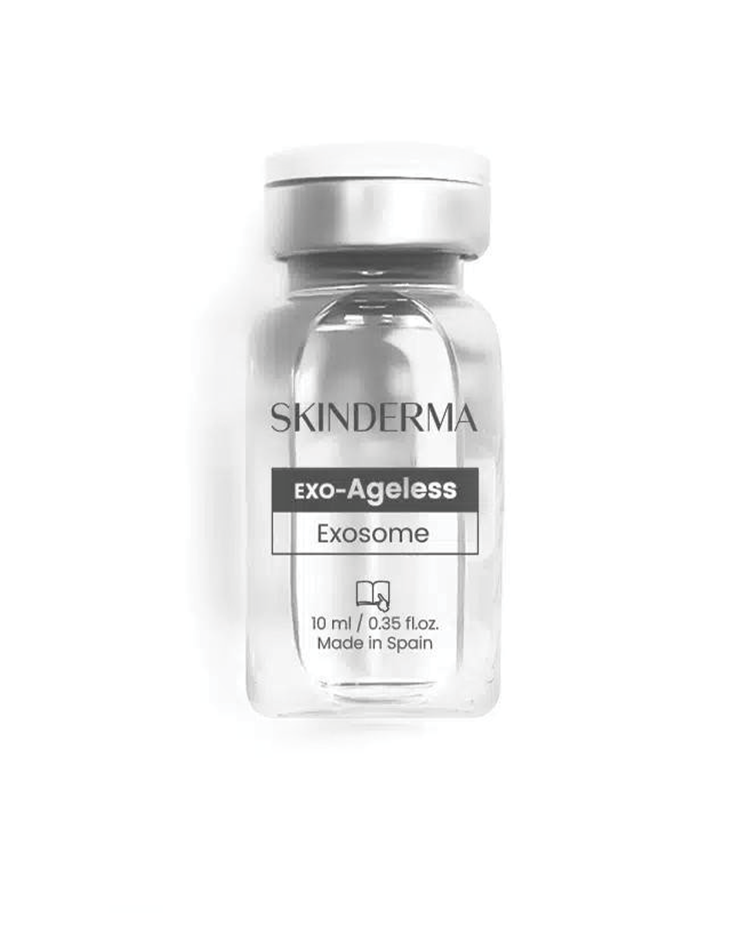 A clear glass bottle with a white cap, labeled SKINDERMA Exosome Exo-Ageless, containing 10 ml or 0.35 fl oz of product, made in Spain.