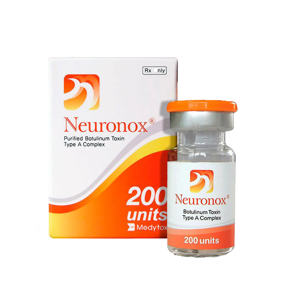 "Box and vial of Neuronox purified botulinum toxin type A complex, 200 units, used for botox injections at Ponsarin Clinic."