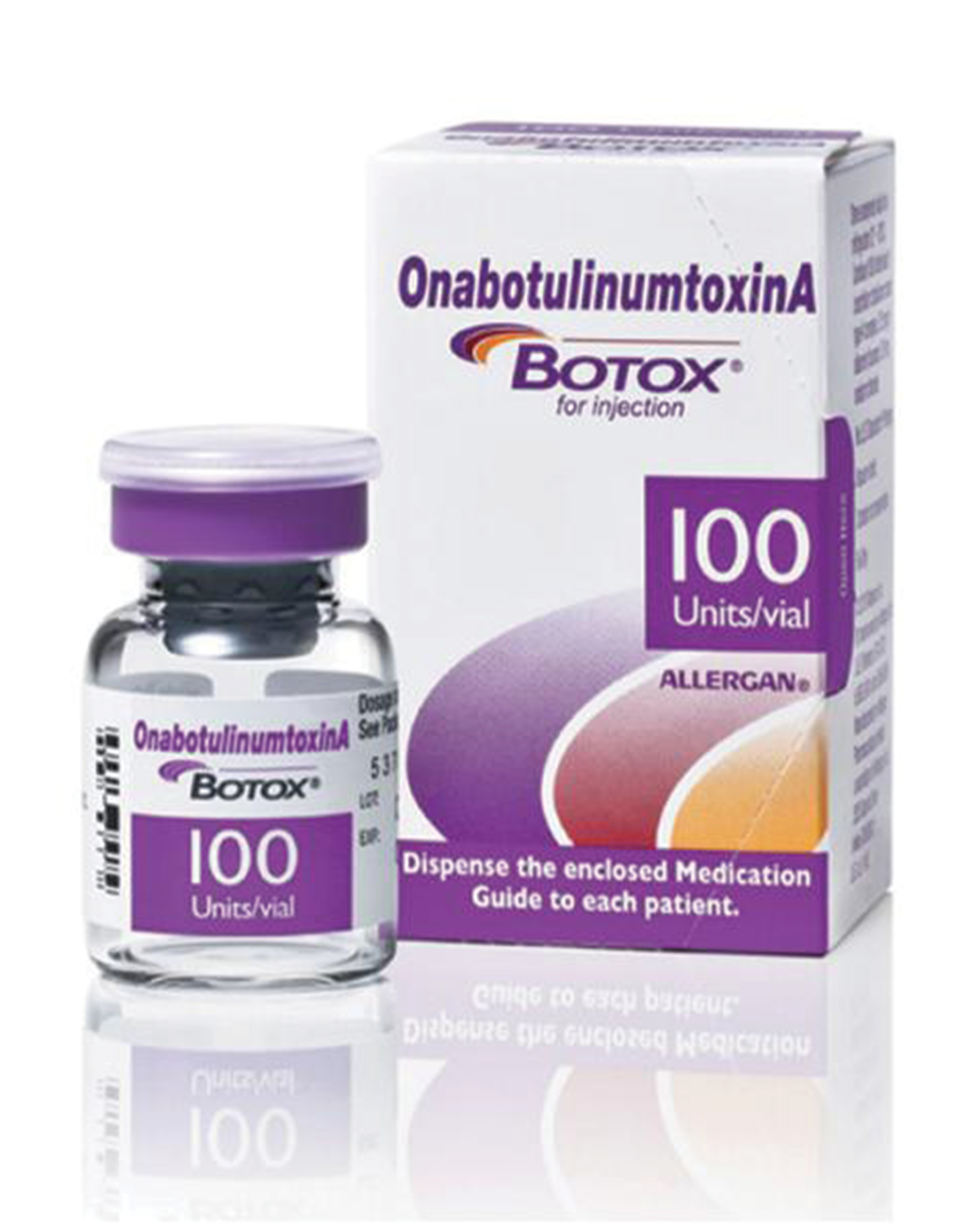 Vial and box of Allergan Botox (Botulinum toxin type A), 100 units per vial, used for botox injections at Ponsarin Clinic.