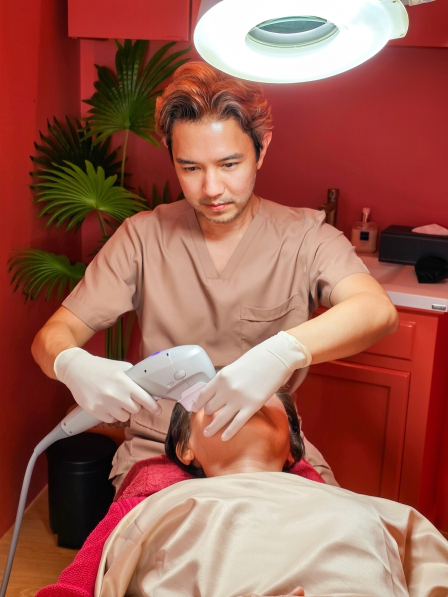 Doctor performing a personalized UltraLifted facial lifting treatment at Ponsarin Clinic in Chiang Mai.
