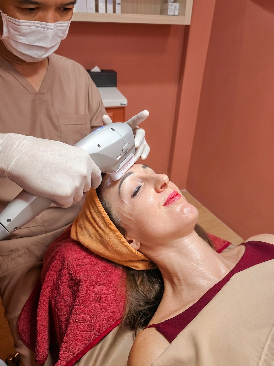Dr. Sawami using a handheld device to perform an UltraLifted procedure on a client's face at Ponsarin Clinic.