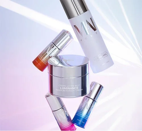 Margy's Monte Carlo Luminance skincare range, featuring a jar and multiple tube products arranged together.