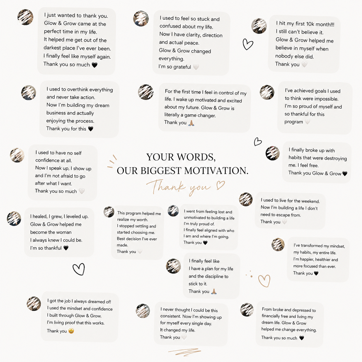 Collection of client testimonials sharing how Glow & Grow helped them build confidence, overcome self-doubt, achieve their goals and transform their lives.