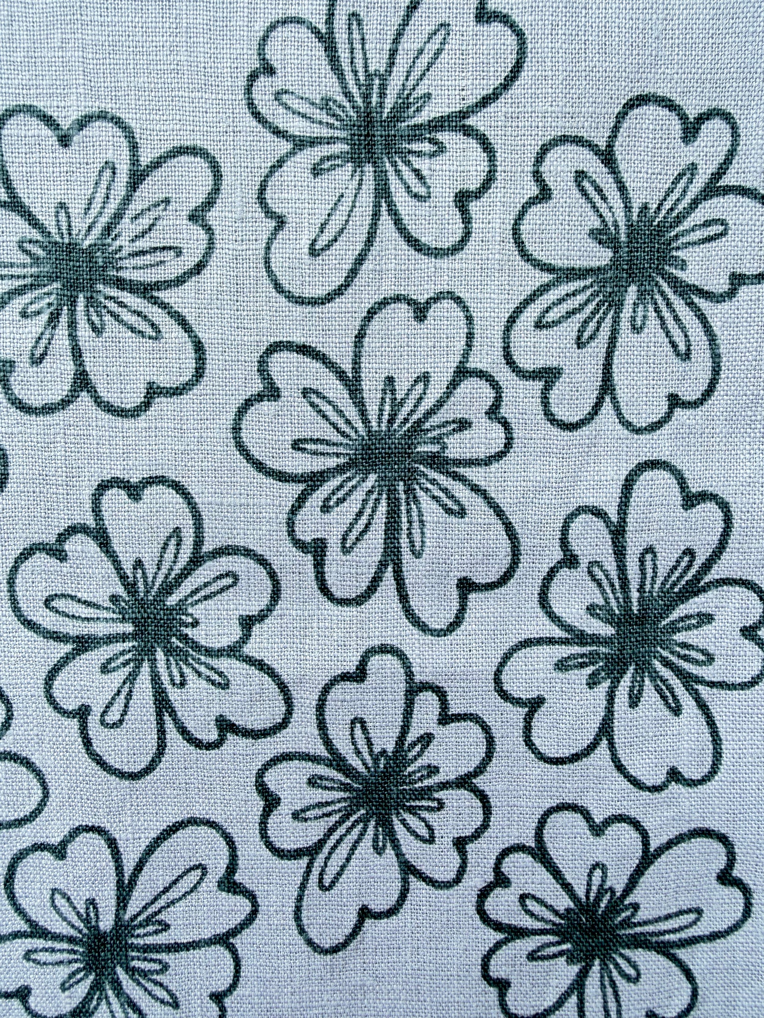Textil med ett mönster av svarta blommor på vit canvas.