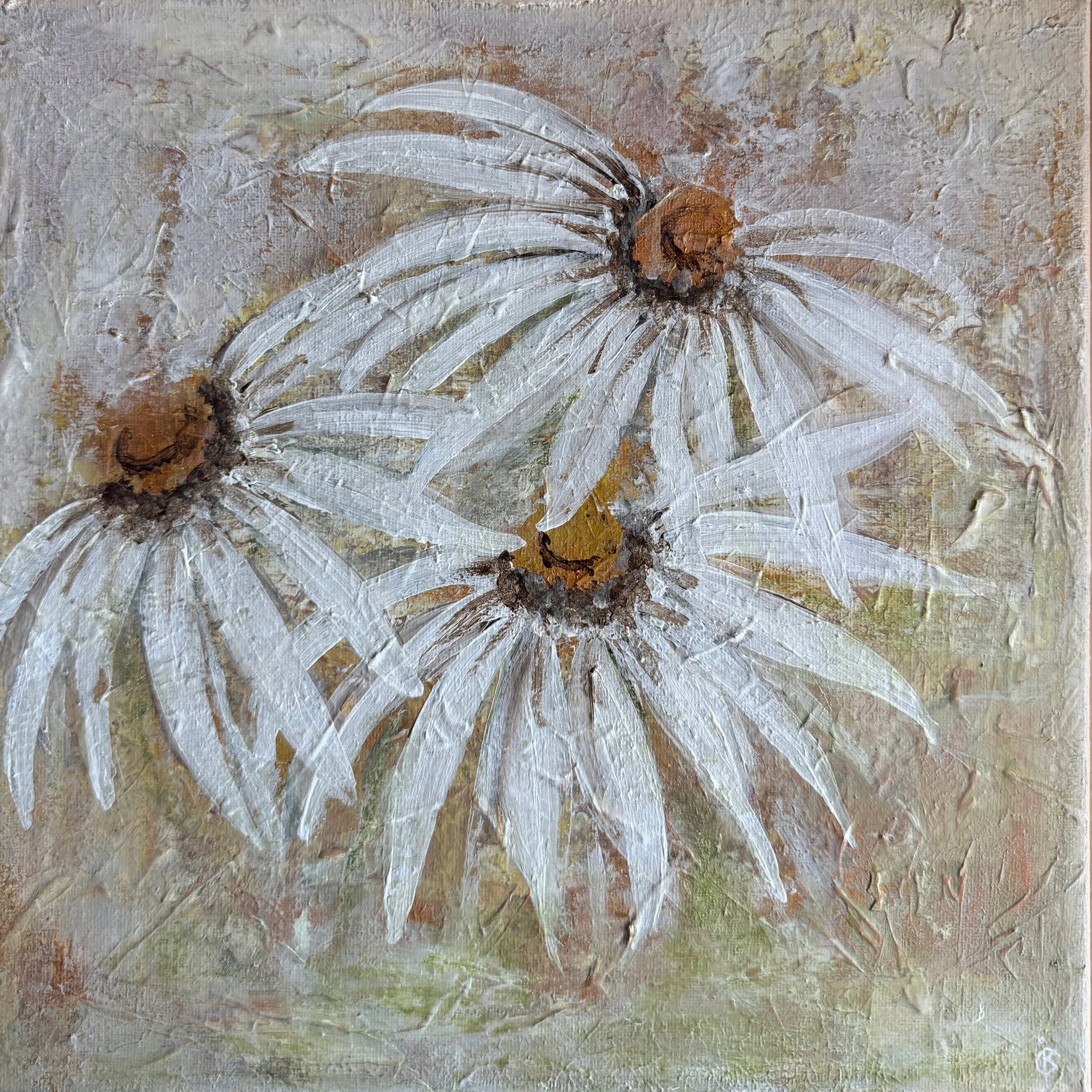 Närbild av en vit blomma med en brun mitt, målade på en texturerad bakgrund.
