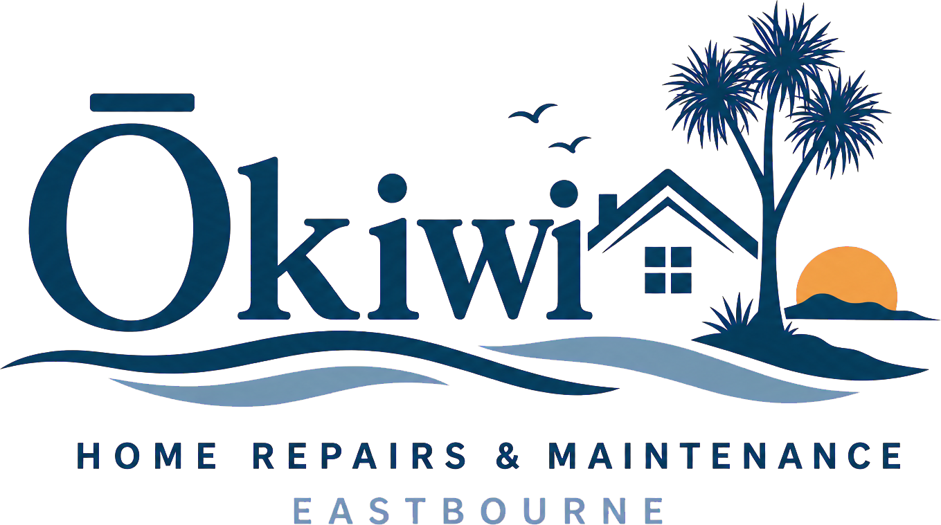 Okiwi Home Repairs and Maintenance logo featuring a sunset, beach waves, palm trees, and a house.
