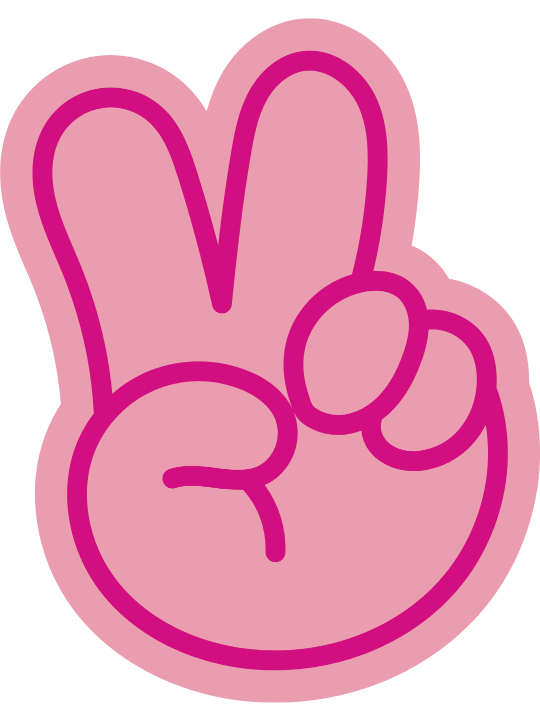 Pink peace hand sign with yellow outline.