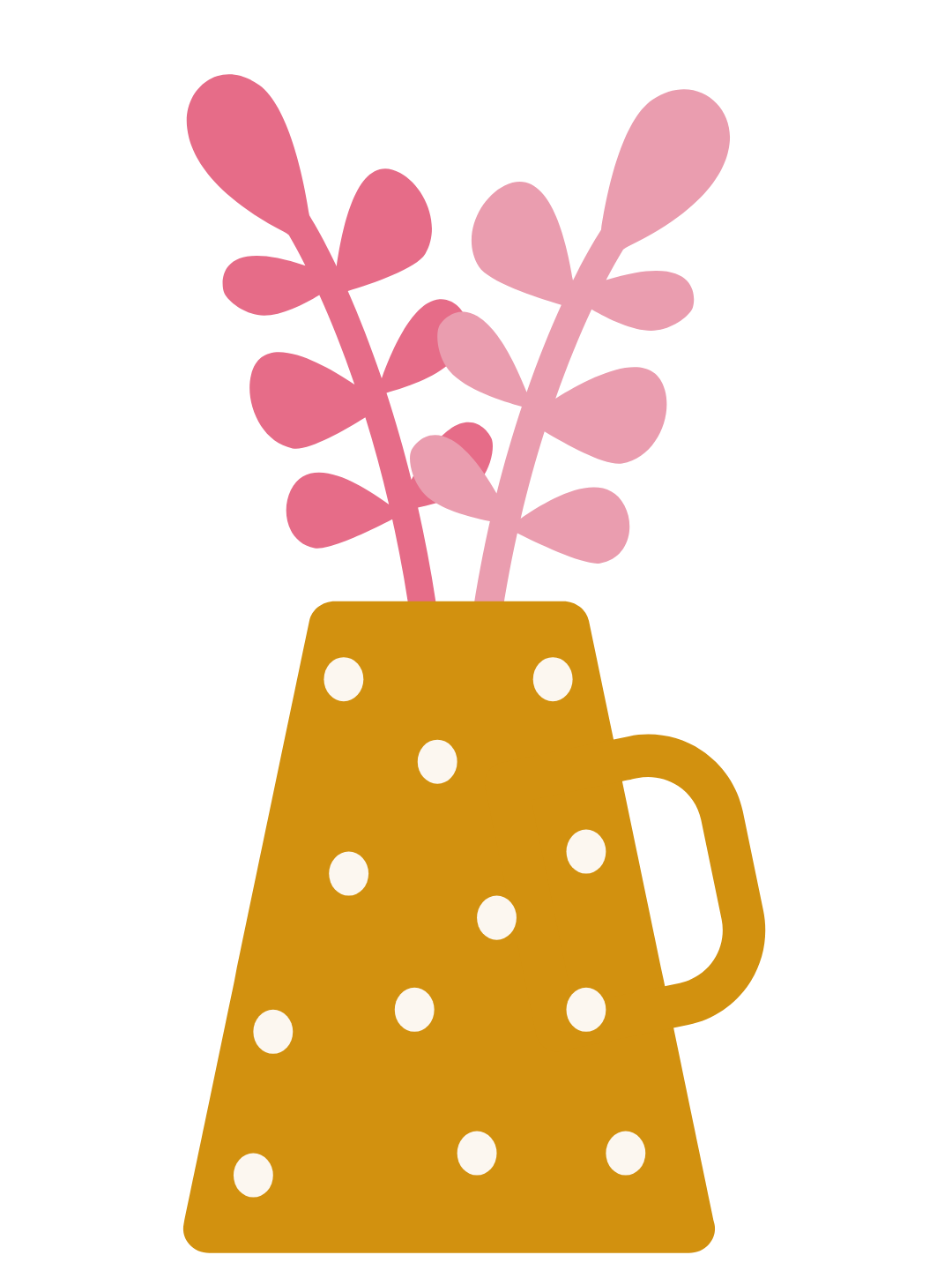 A brown mug with white polka dots, containing pink leafy branches or flowers.