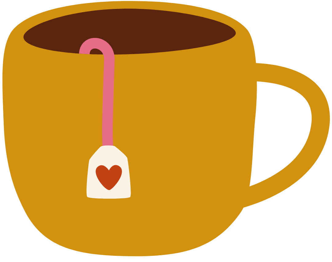 A brown mug with a tea bag inside, showing a red heart on the tag hanging from the mug.