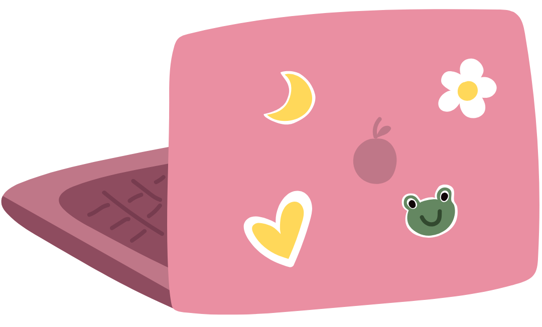 Pink laptop decorated with stickers of a moon, daisy flower, heart, frog face, and a round fruit or berry.