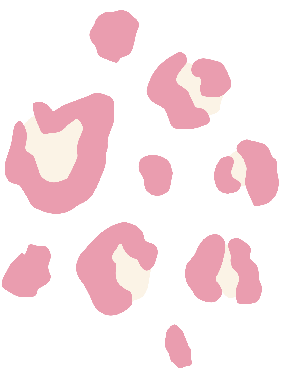 Abstract illustration of scattered pink and white irregular shapes on a black background.
