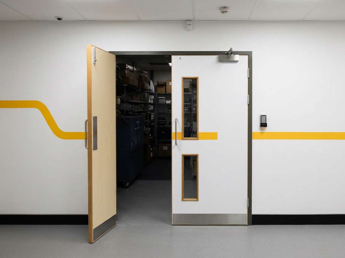 Hospital or medical facility corridor with a white wall, yellow stripe, and open double doors leading to a storage room with boxes and shelves.
