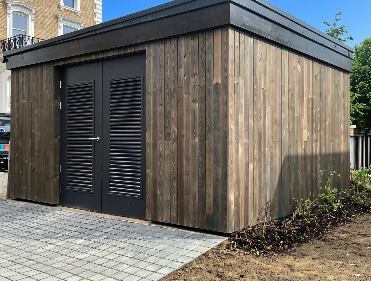 Small wooden structure with black double doors and louvered vents, located on a tiled pathway with dirt and some plants nearby. Built in a new build property in London, Balham.