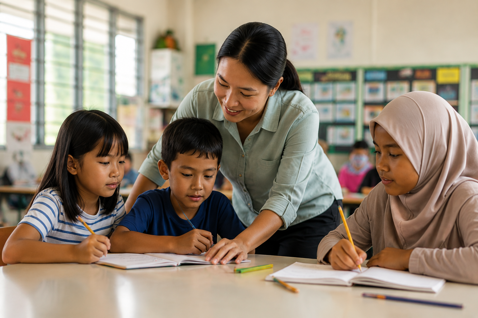 A teacher helping three children with their schoolwork in a classroom.