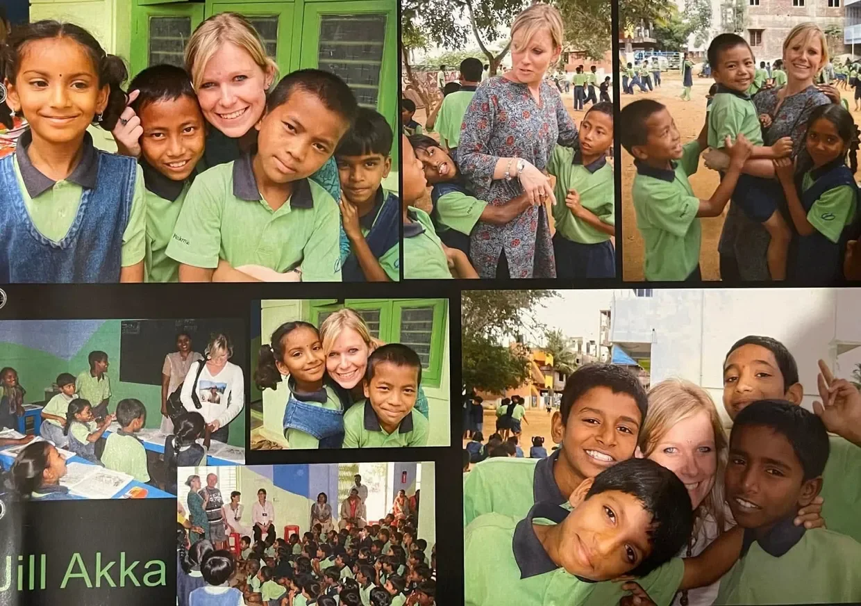 Photographs of a woman interacting with children in a school setting, including classroom activities and outdoor play, with children smiling and posing for the camera.
