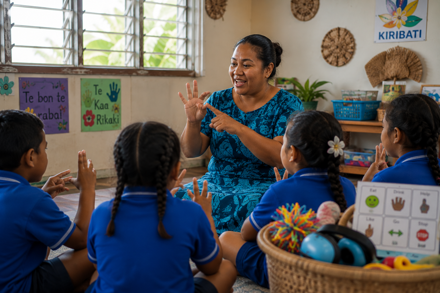 A teacher engaging with a group of young students in a classroom, sitting cross-legged on the floor, with colorful educational posters and supplies in the background.