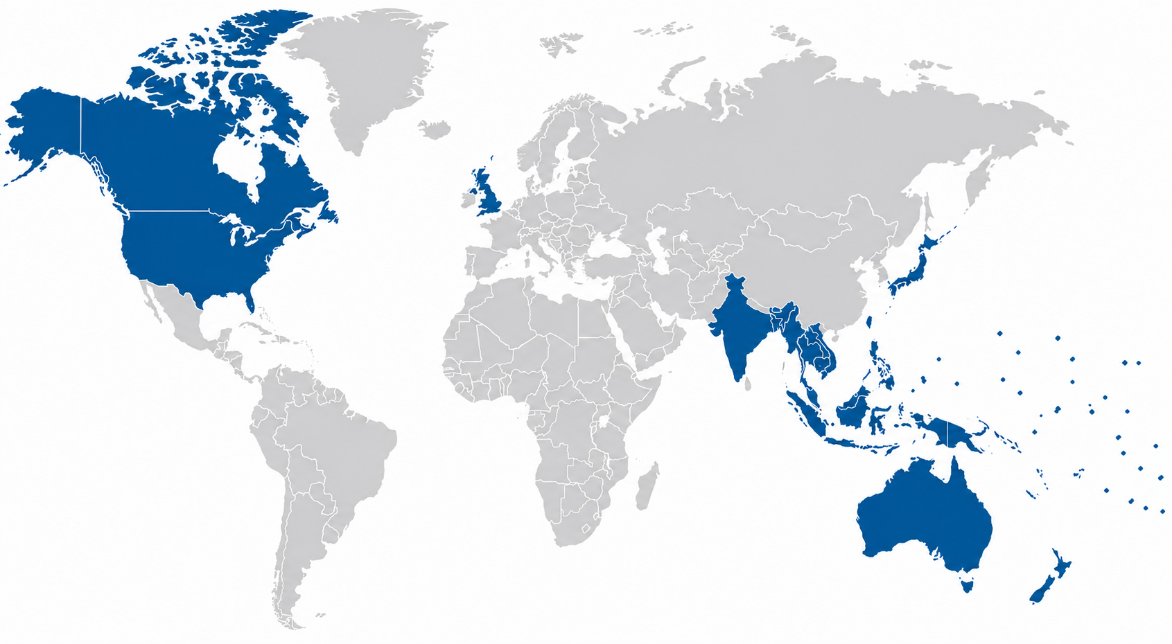 World map highlighting countries in blue, including the United States, Canada, the United Kingdom, India, Thailand, Australia, and several countries in Southeast Asia.
