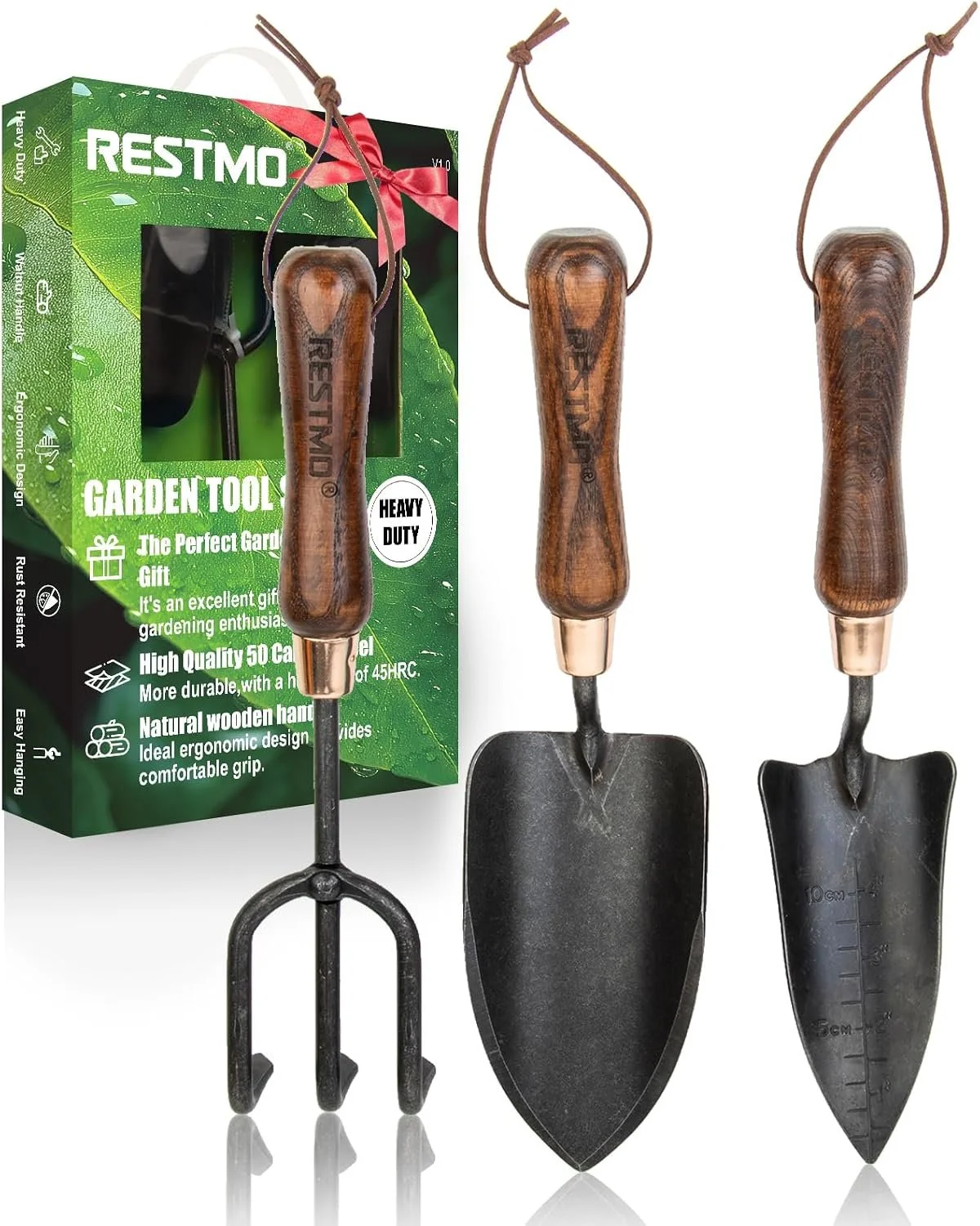 Set of three garden trowels with wooden handles and metal blades, displayed with green packaging box labeled 'Restmo' and 'Heavy Duty,' featuring gardening icons and product descriptions.
