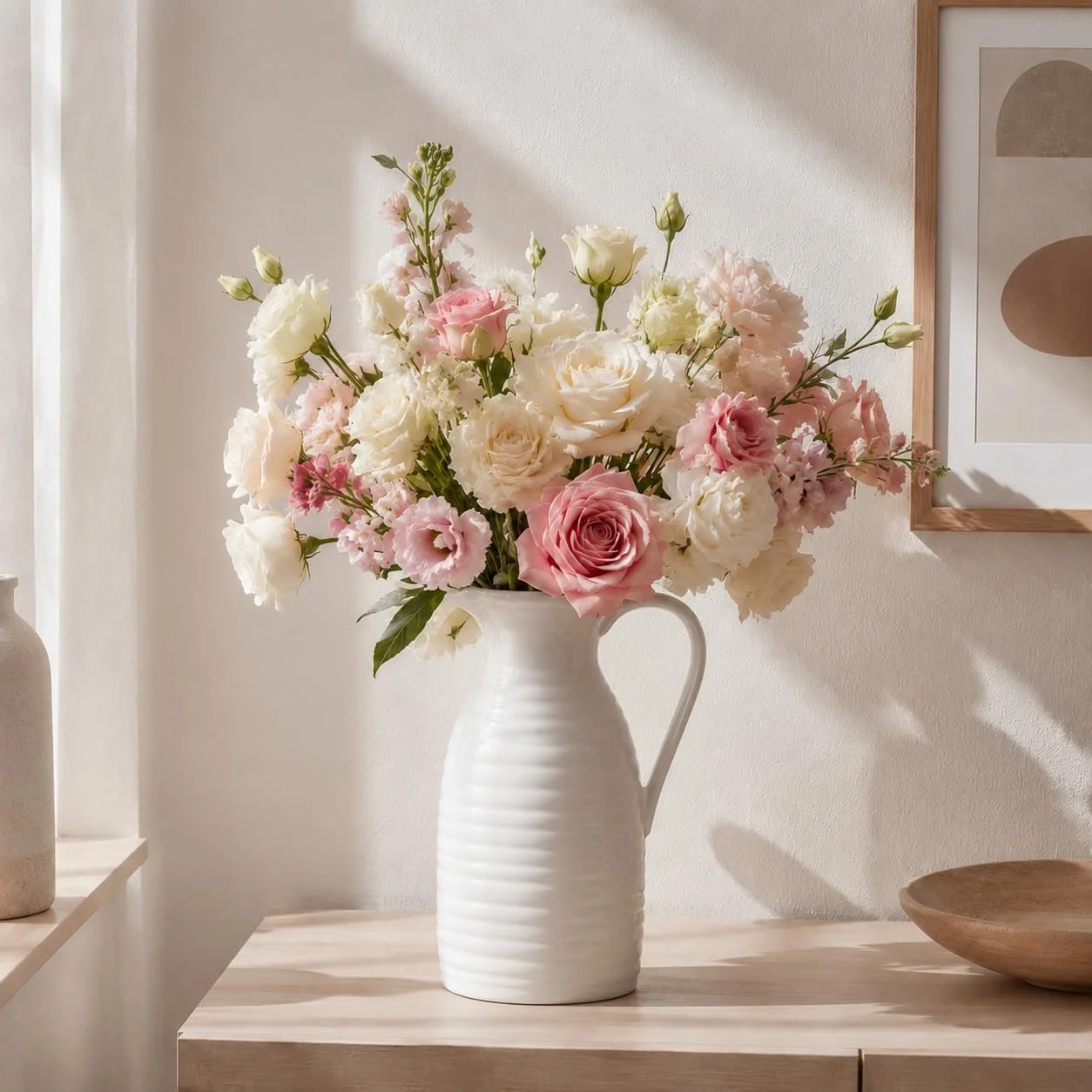 A white ceramic vase with ridges holding a bouquet of pink and white roses, lisianthus, and peonies on a wooden surface in a room with neutral decor.
