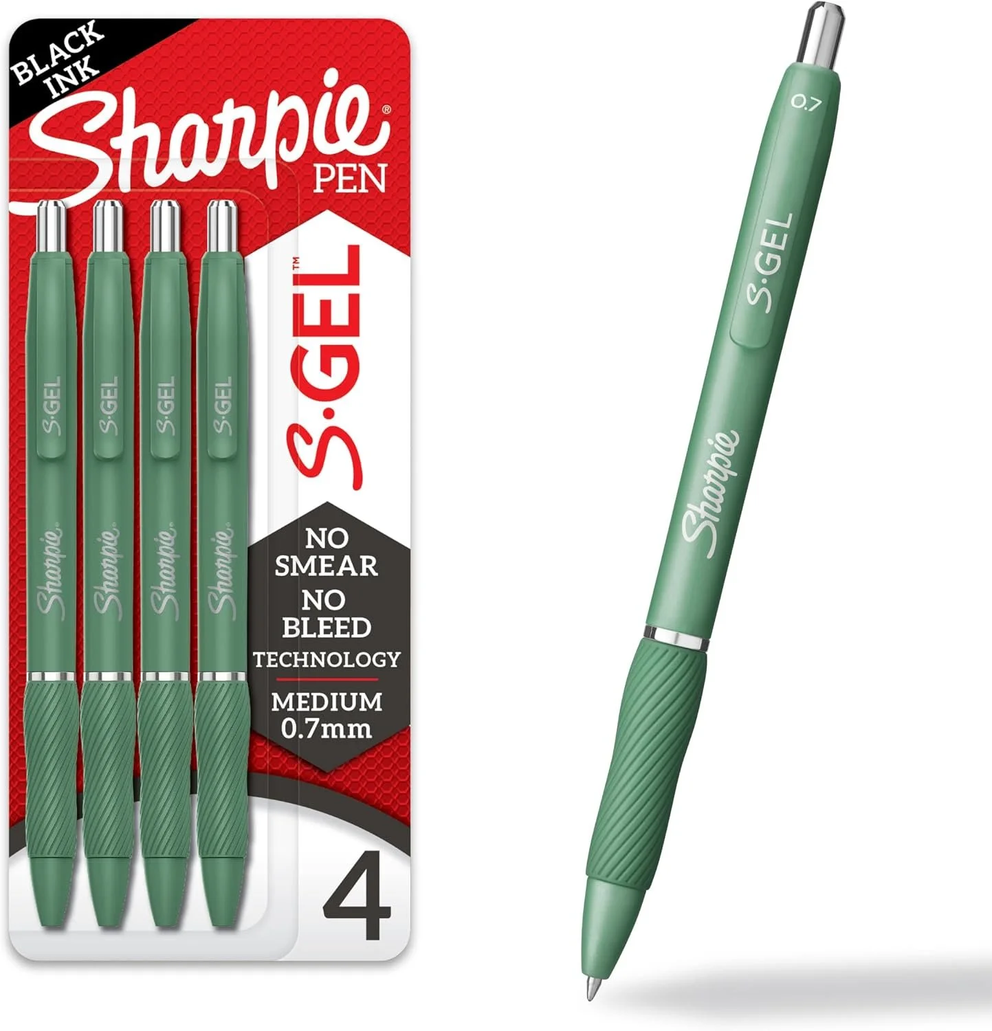 Green Sharpie S.GEL pen on its capless body, with packaging showing four pens, black ink, no smear or bleed technology, medium point 0.7mm.