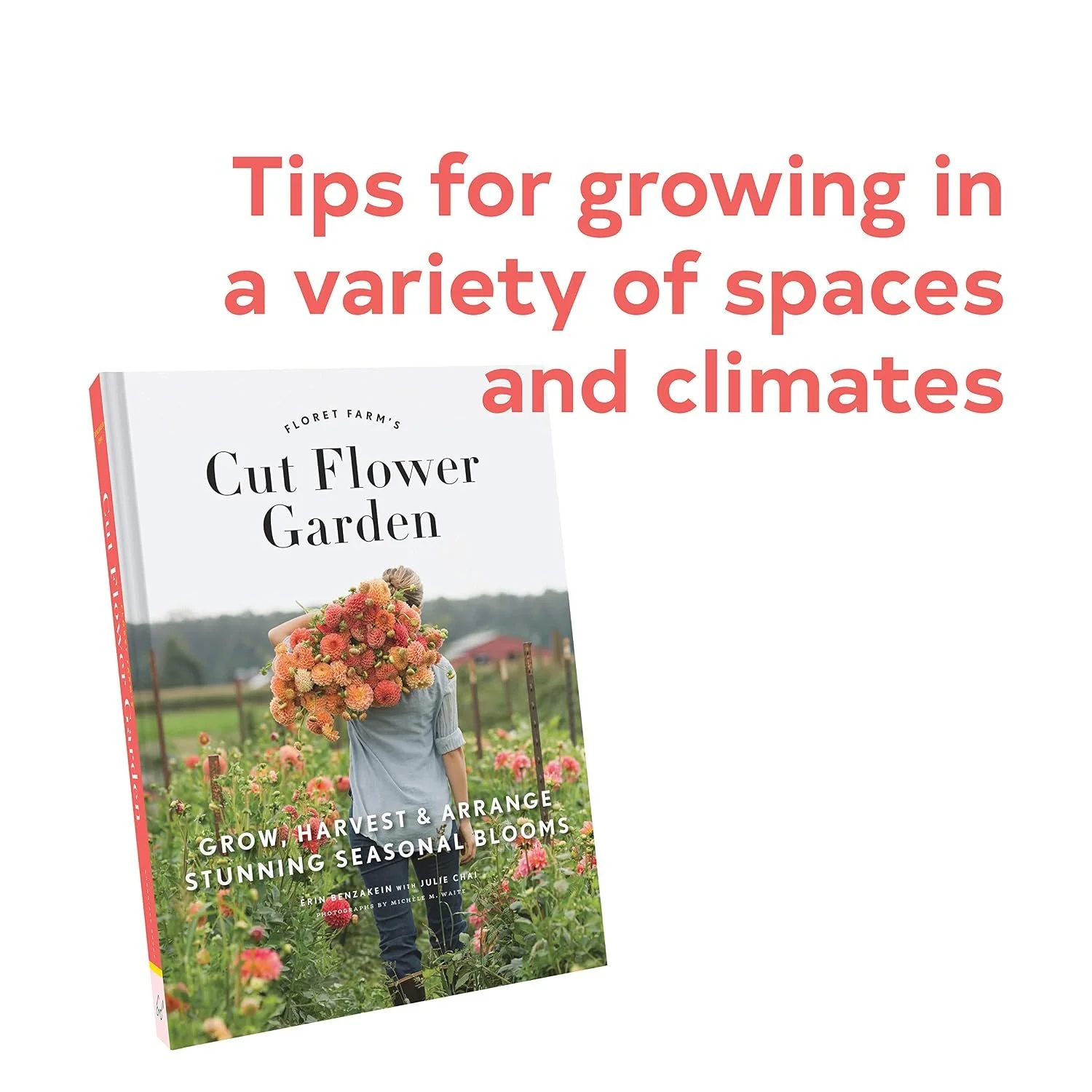 A book titled 'Gut Flower Garden' by Floret Farm, featuring a person carrying a large bouquet of colorful flowers on their back, standing in a lush garden with blooming flowers and greenery.