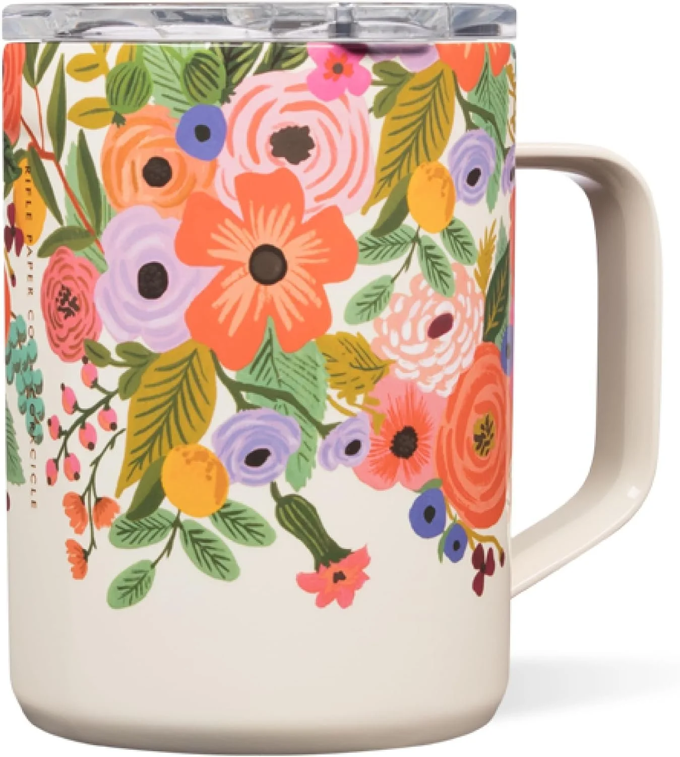 A white mug with a colorful floral pattern featuring pink, purple, orange, and yellow flowers and green leaves.