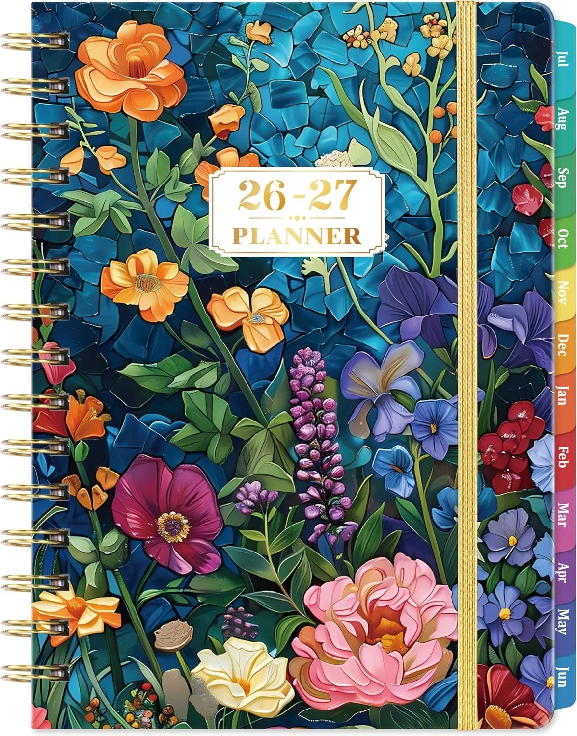 A 2026-2027 weekly planner with a colorful floral cover design featuring various flowers and greenery, a spiral binding on the left, and a gold elastic band on the right side with month tabs from January to December.