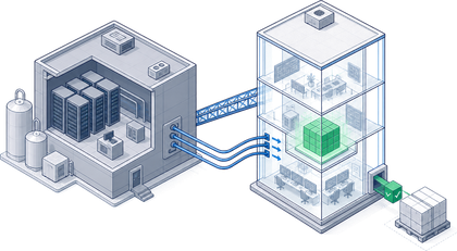 An illustration of a data center connecting to a controlled environment chamber with a robotic arm inside.