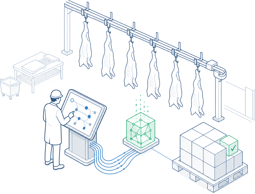 A scientist monitors industrial process hanging on hooks, a digital touchscreen, a networked 3D cube with sensors, and labeled boxes with a check mark, indicating quality control or process verification in a high-tech manufacturing or research setting.