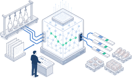 A digital illustration of a scientist working at a control panel with advanced computer equipment, connected to a large central scientific machine with multiple tubes, wires, and glowing components, and other laboratory devices.