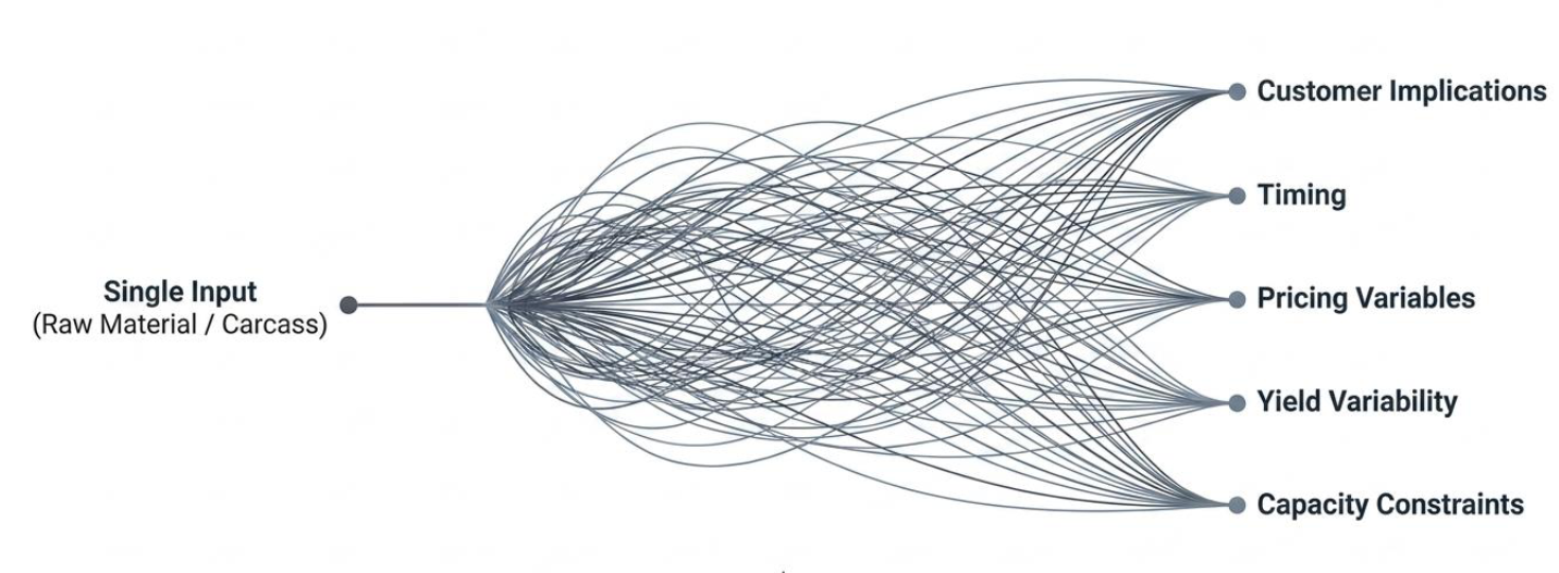 Diagram illustrating relationships between a single input of raw material or carcass and multiple output factors: customer implications, timing, pricing variables, yield variability, and capacity constraints.