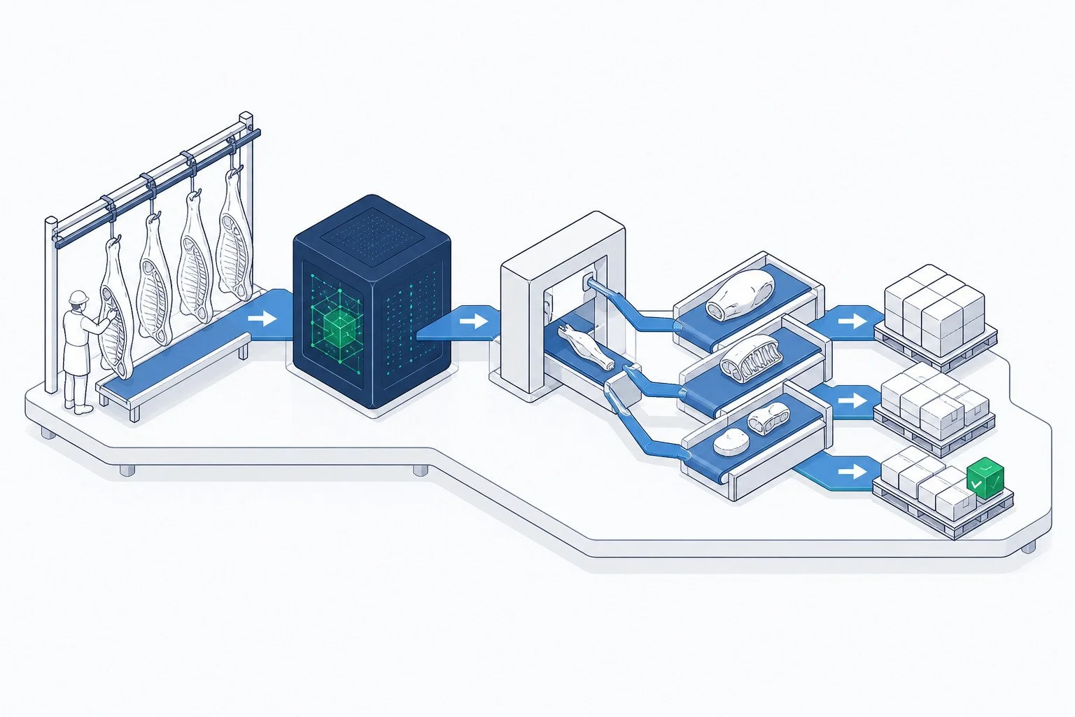 A digital illustration depicting an automated meat processing system, including a worker inspecting hanging meat, a central AI system, various conveyor belts transporting different cuts of meat, packed products, and a green checkmark indicating quality approval.