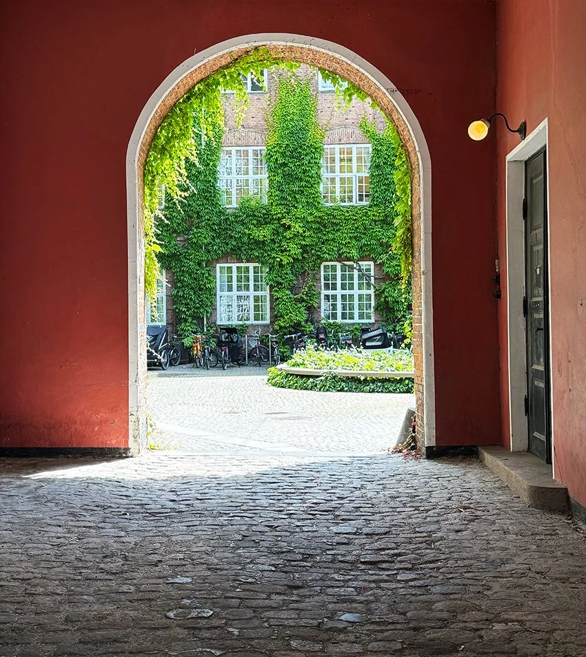 View through an arched passageway showing a courtyard with bicycles and a building covered in green ivy.