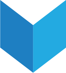 A stylized 3D cube with a black top, and blue sides in dark blue and light blue shades.