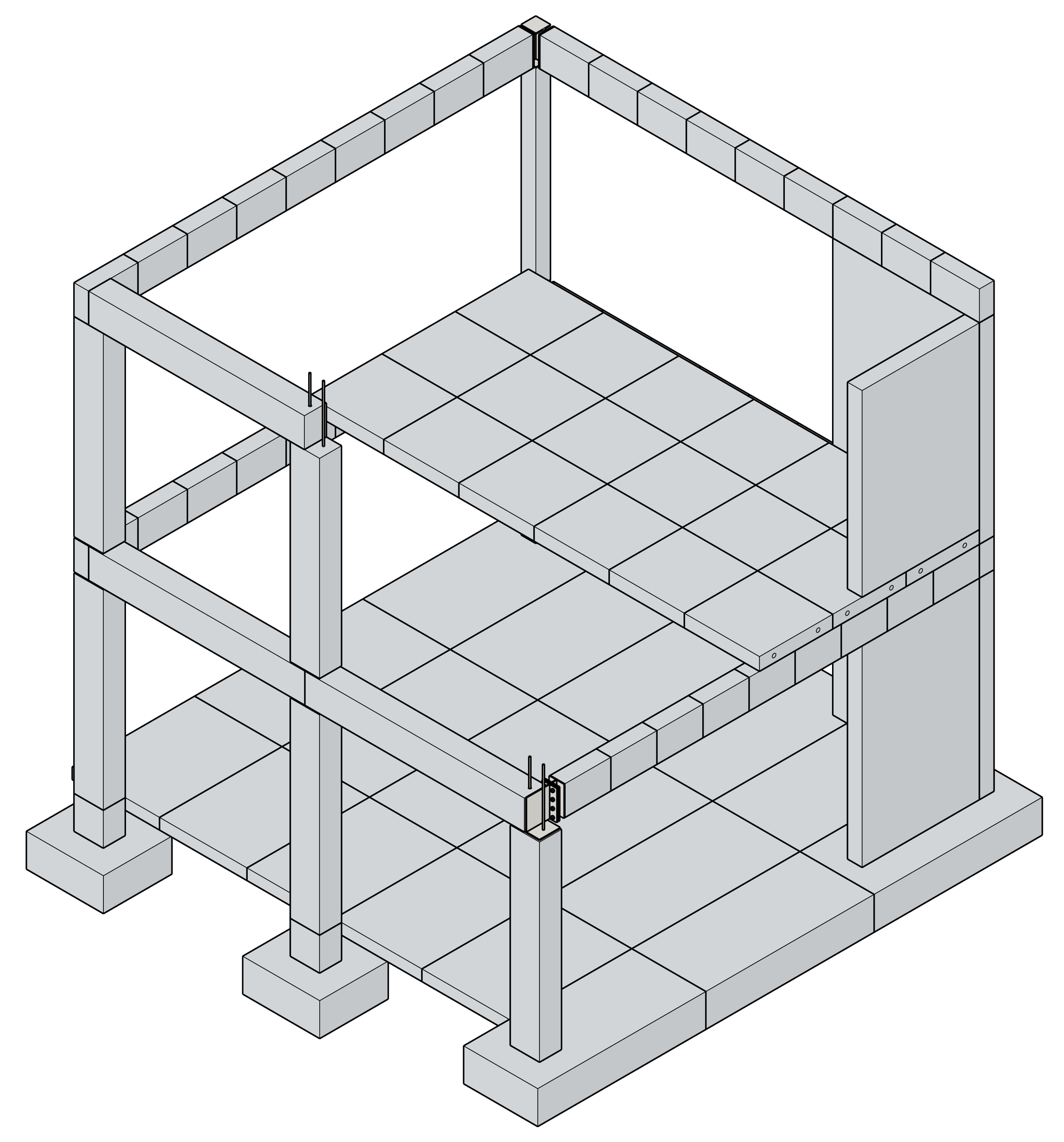 3D-illustrasjon av en byggkonstruksjon av stein, viser en etasjeseksjon med gulv, vegger og støttesøyler.
